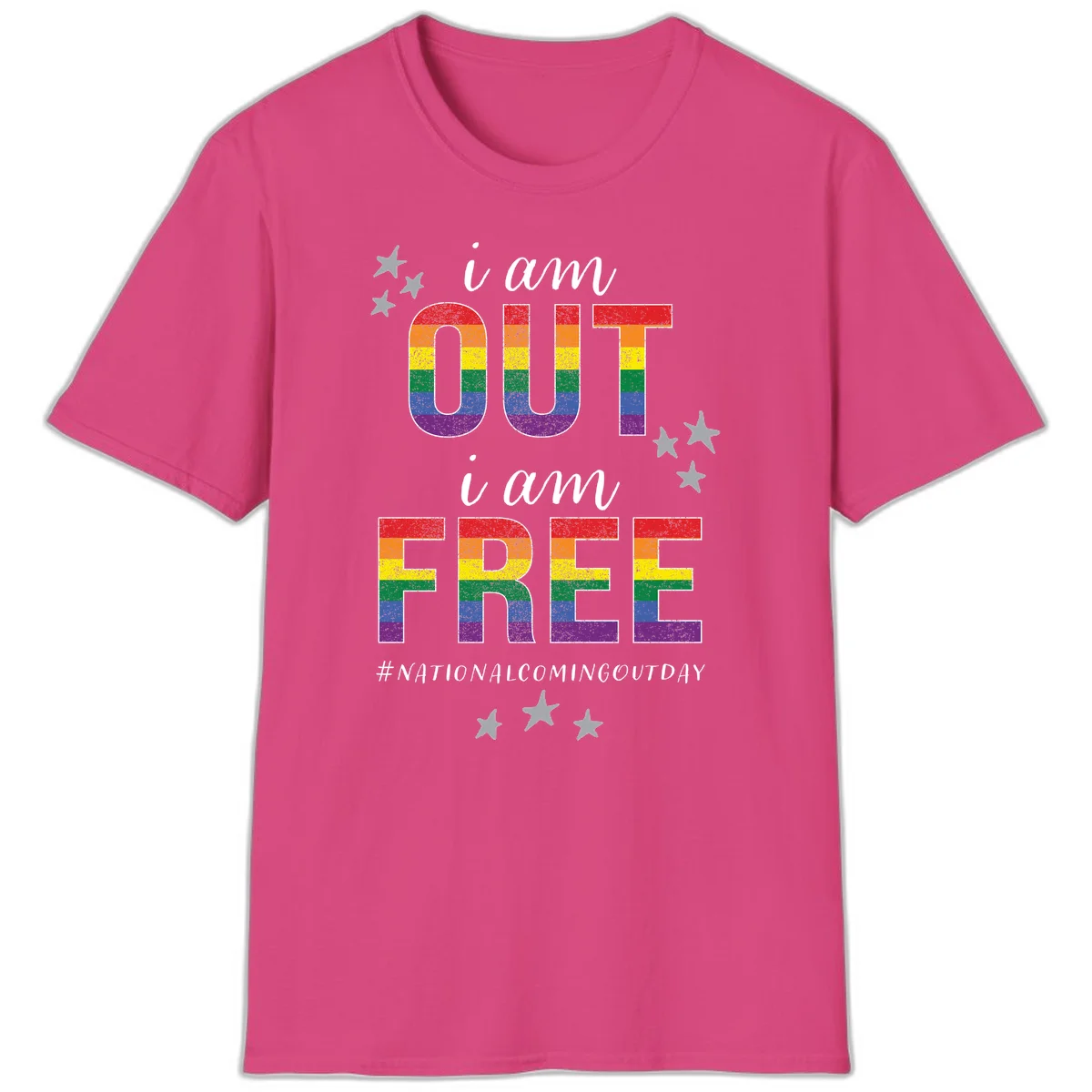 Rainbow-striped letters spelling 'i am OUT i am FREE' with decorative stars on gray background celebrating National Coming Out Day pride. in Heliconia