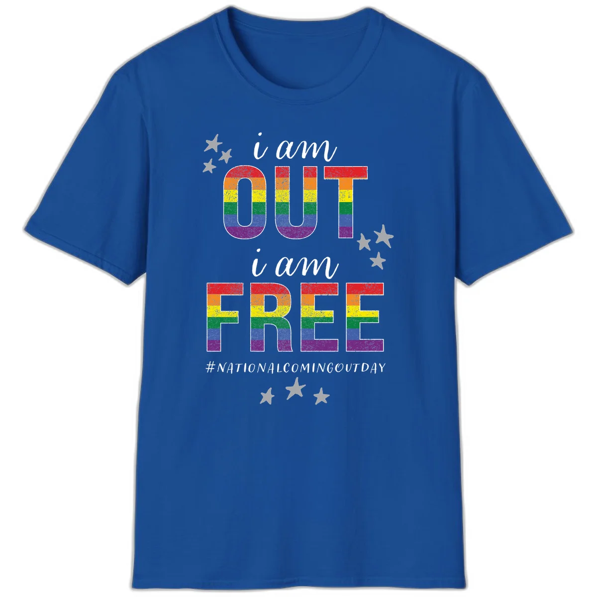 Rainbow-striped letters spelling 'i am OUT i am FREE' with decorative stars on gray background celebrating National Coming Out Day pride. in Royal