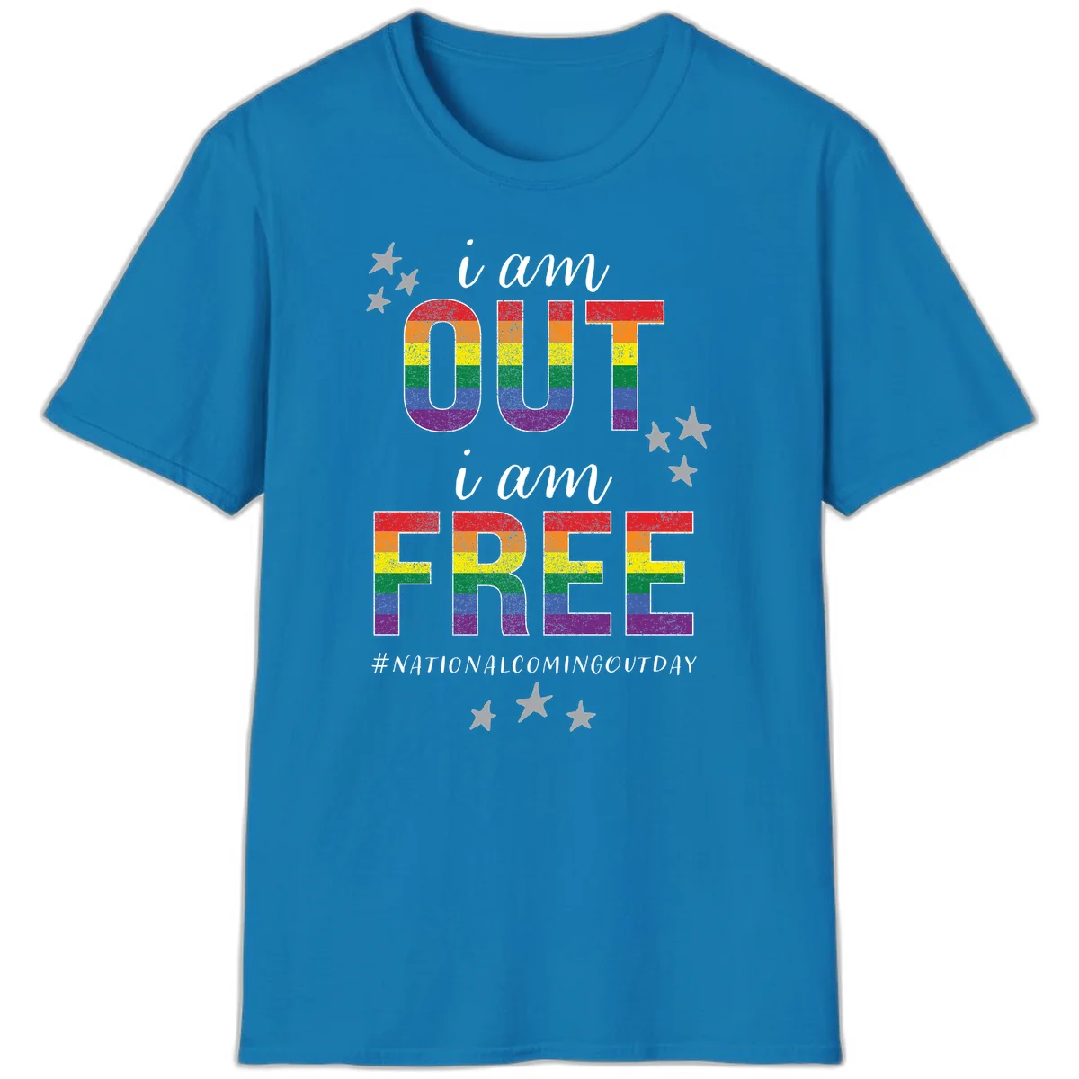 Rainbow-striped letters spelling 'i am OUT i am FREE' with decorative stars on gray background celebrating National Coming Out Day pride. in Sapphire