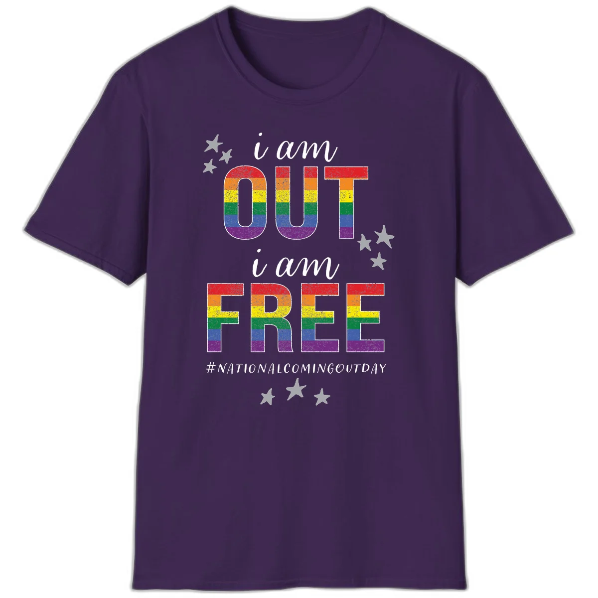 Rainbow-striped letters spelling 'i am OUT i am FREE' with decorative stars on gray background celebrating National Coming Out Day pride. in Purple