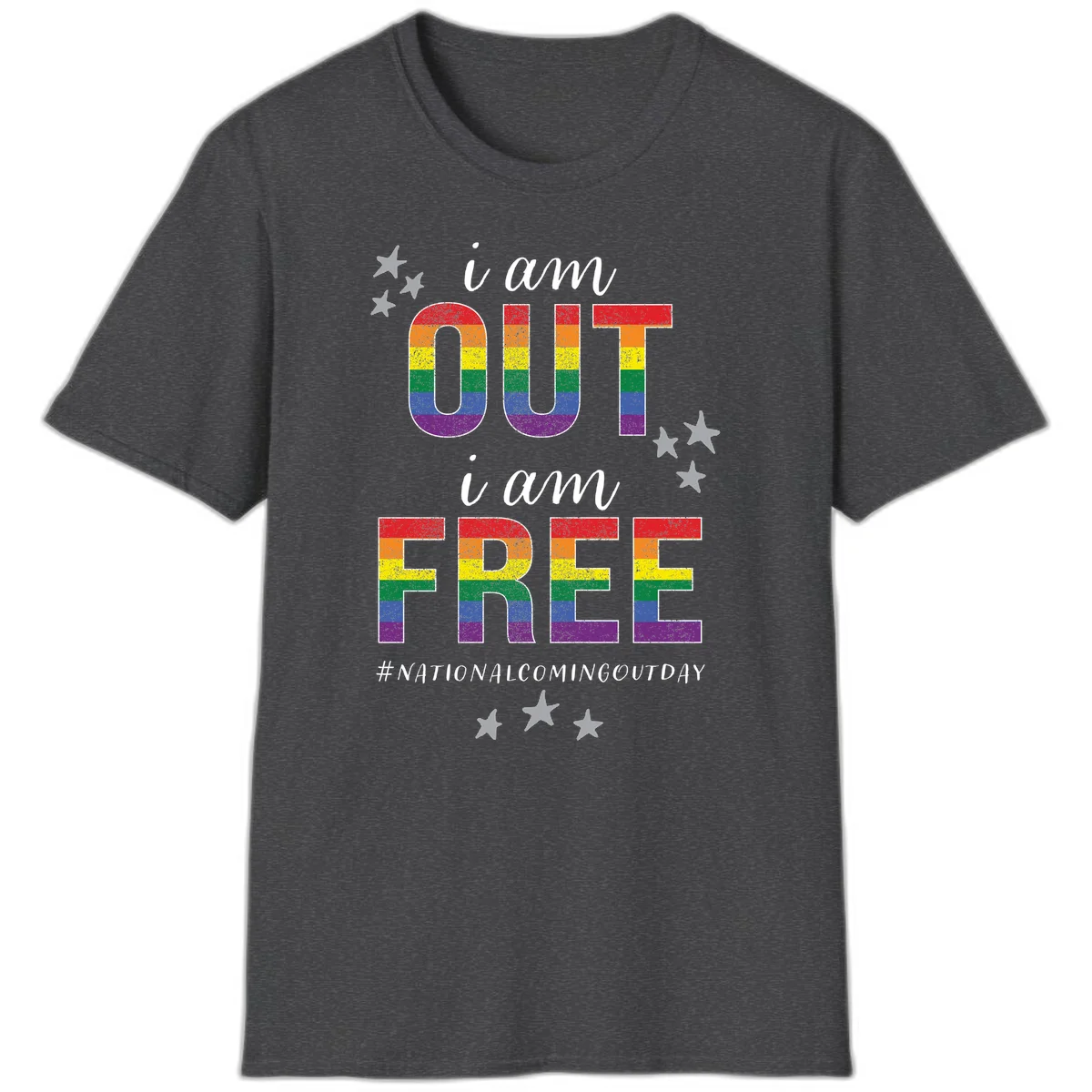 Rainbow-striped letters spelling 'i am OUT i am FREE' with decorative stars on gray background celebrating National Coming Out Day pride. in Dark Heather