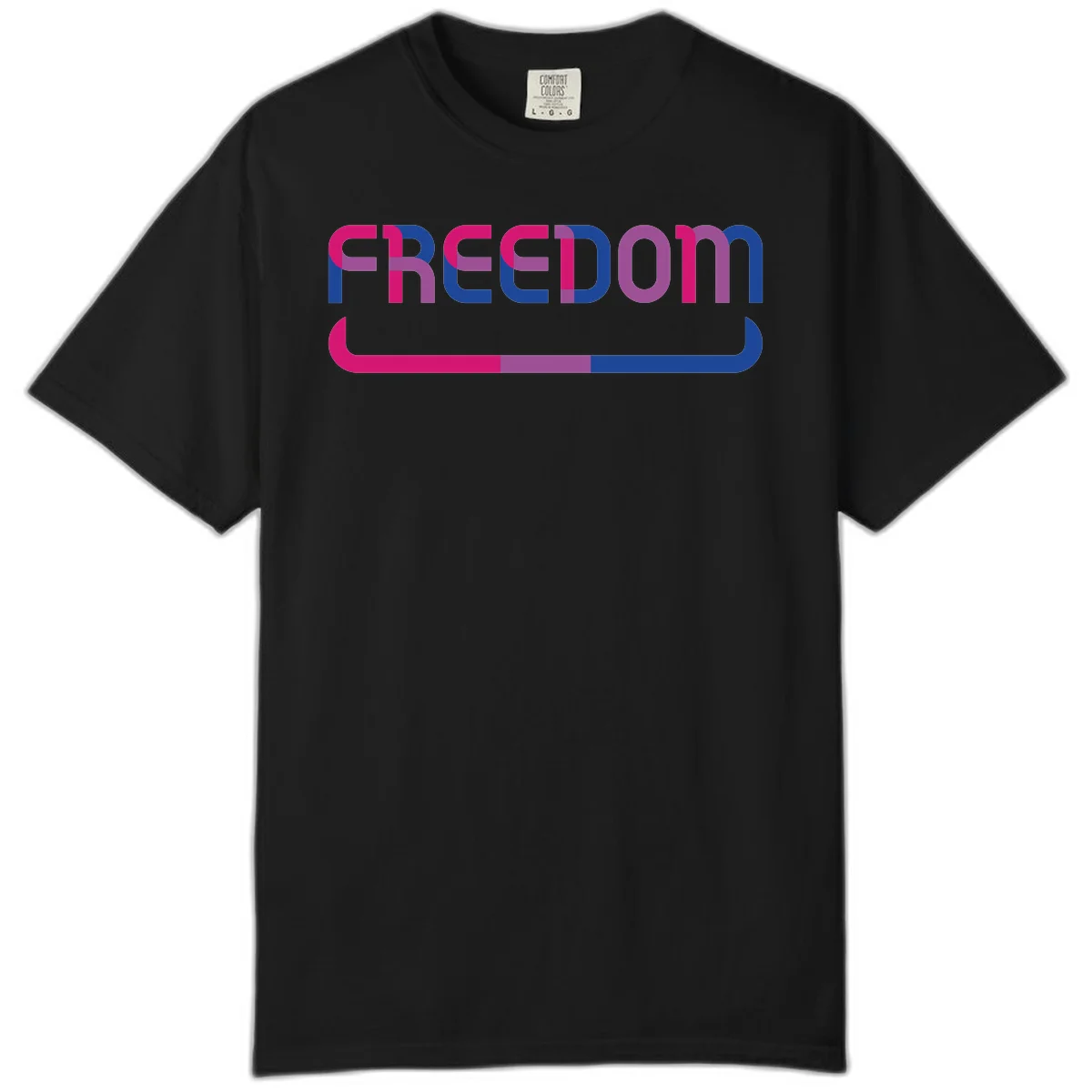 Freedom On Pride design: Bold magenta and purple 'FREEDOM' text with curved gradient underline transitioning from pink through purple to blue in Black