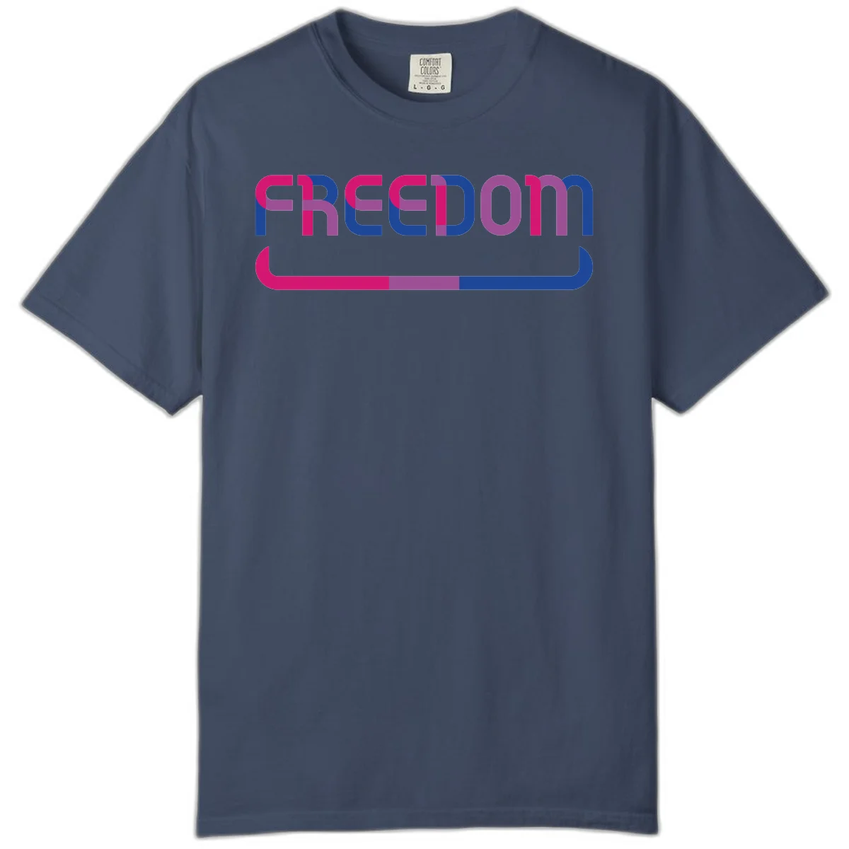 Freedom On Pride design: Bold magenta and purple 'FREEDOM' text with curved gradient underline transitioning from pink through purple to blue in Midnight