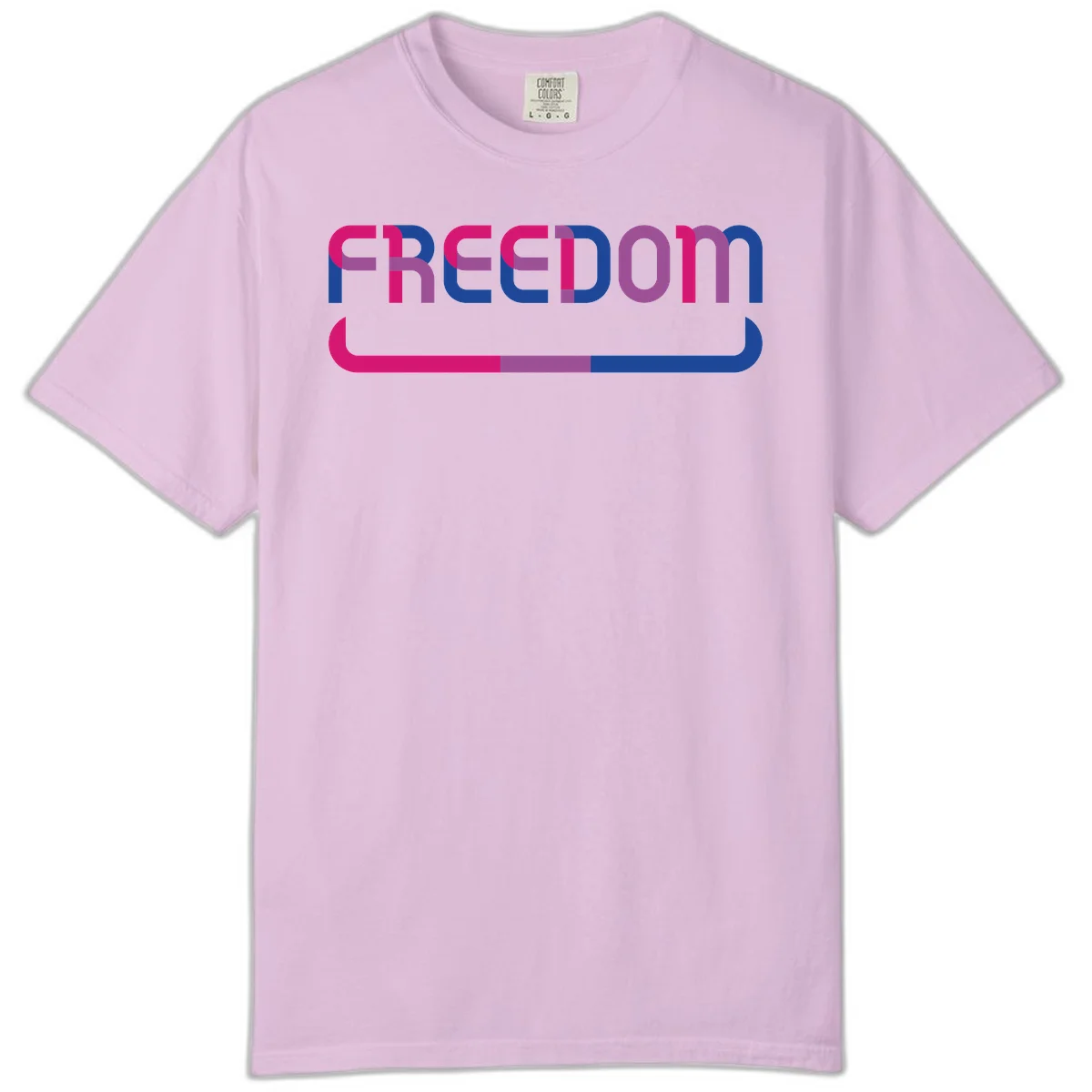 Freedom On Pride design: Bold magenta and purple 'FREEDOM' text with curved gradient underline transitioning from pink through purple to blue in Orchid
