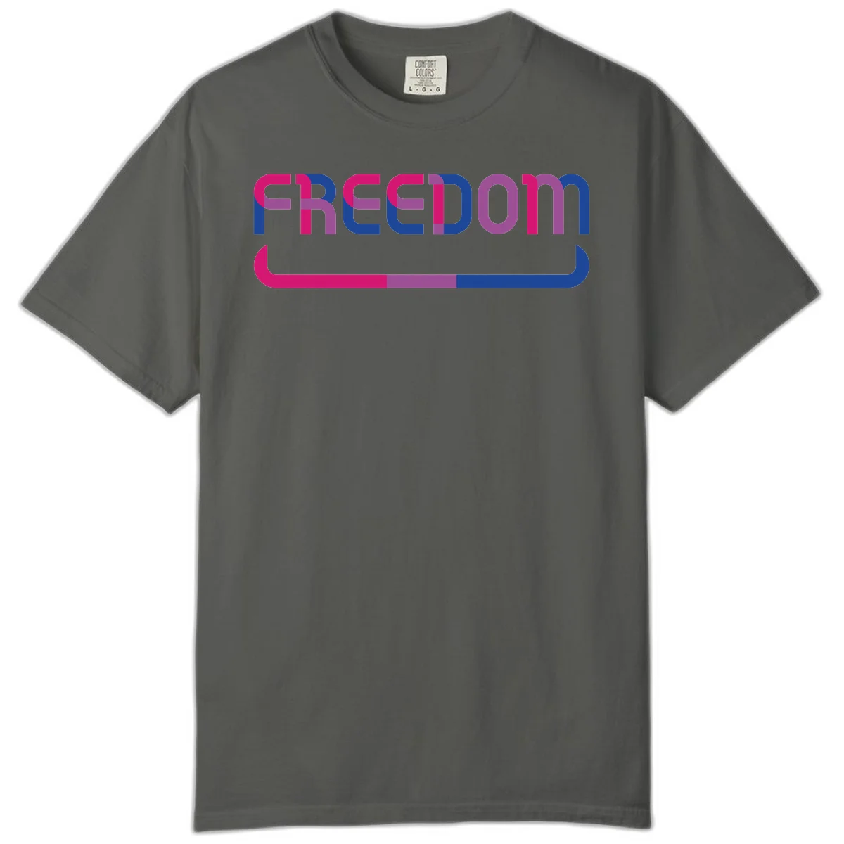 Freedom On Pride design: Bold magenta and purple 'FREEDOM' text with curved gradient underline transitioning from pink through purple to blue in Pepper