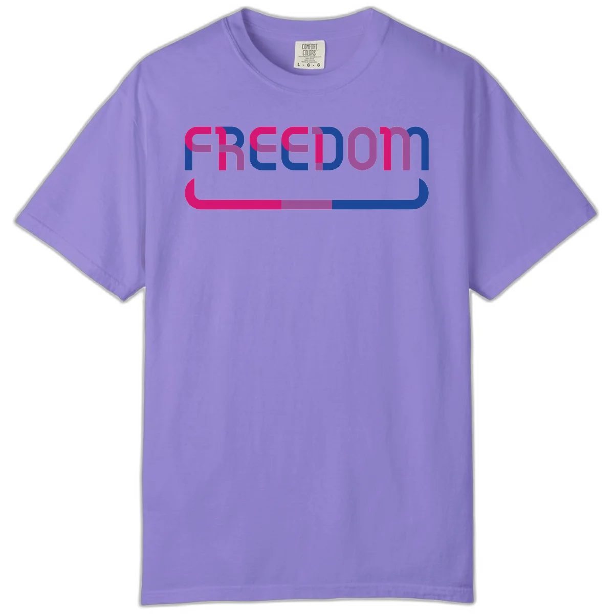Freedom On Pride design: Bold magenta and purple 'FREEDOM' text with curved gradient underline transitioning from pink through purple to blue in Violet