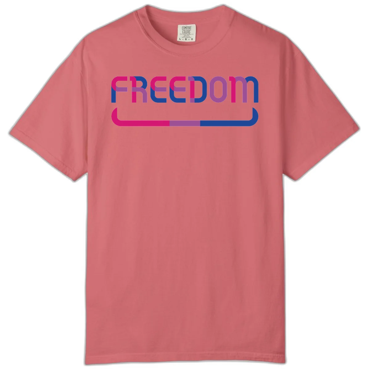 Freedom On Pride design: Bold magenta and purple 'FREEDOM' text with curved gradient underline transitioning from pink through purple to blue in Watermelon