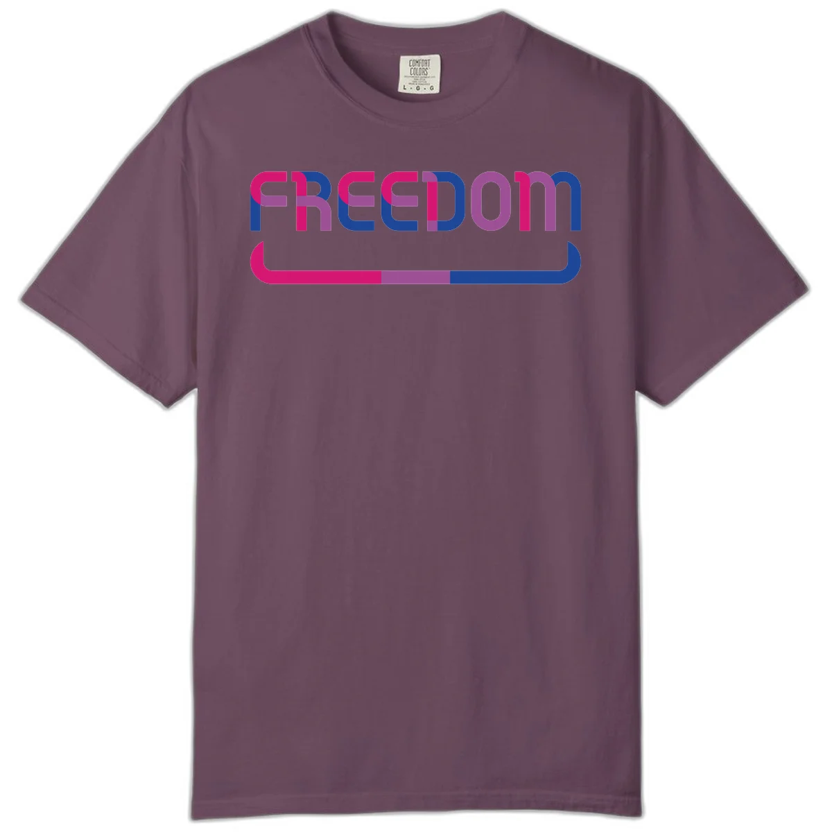 Freedom On Pride design: Bold magenta and purple 'FREEDOM' text with curved gradient underline transitioning from pink through purple to blue in Berry