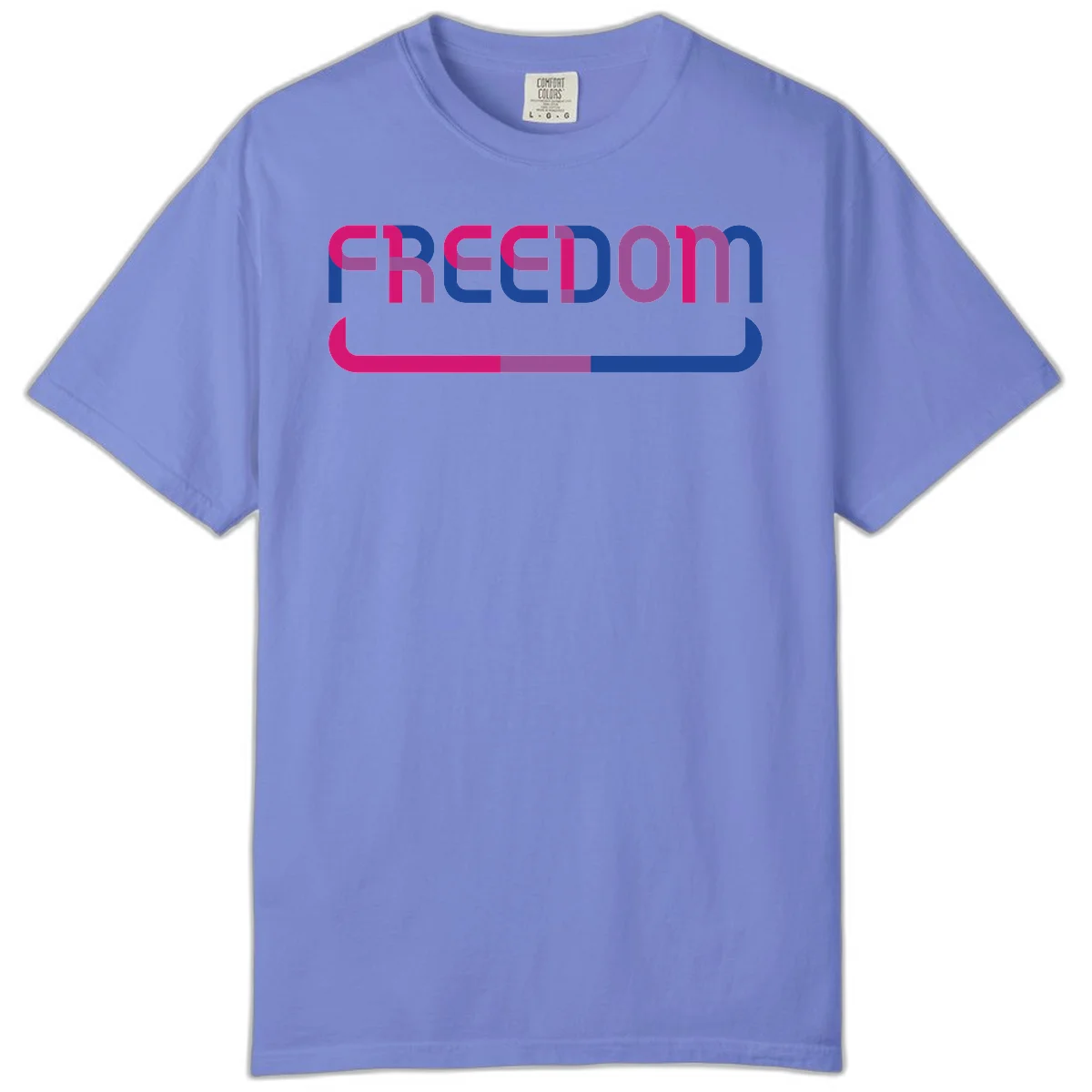 Freedom On Pride design: Bold magenta and purple 'FREEDOM' text with curved gradient underline transitioning from pink through purple to blue in Flo Blue