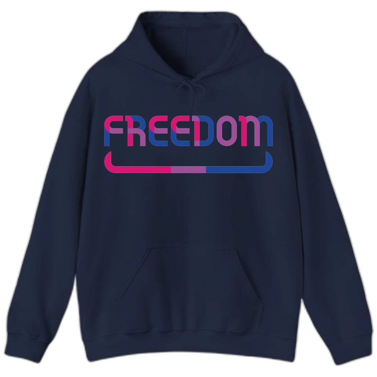 Freedom On Pride design: Bold magenta and purple 'FREEDOM' text with curved gradient underline transitioning from pink through purple to blue in Navy