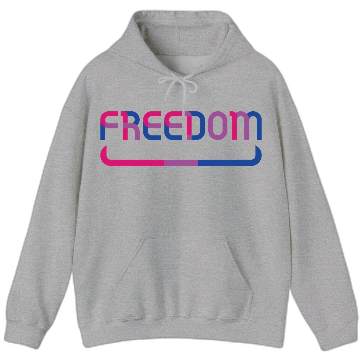 Freedom On Pride design: Bold magenta and purple 'FREEDOM' text with curved gradient underline transitioning from pink through purple to blue in Sport Grey