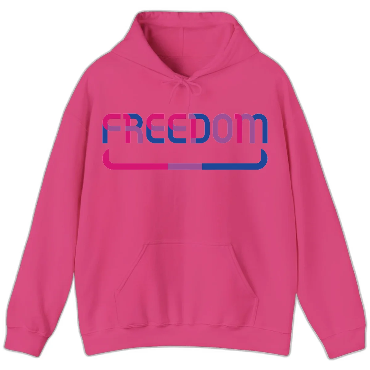 Freedom On Pride design: Bold magenta and purple 'FREEDOM' text with curved gradient underline transitioning from pink through purple to blue in Heliconia