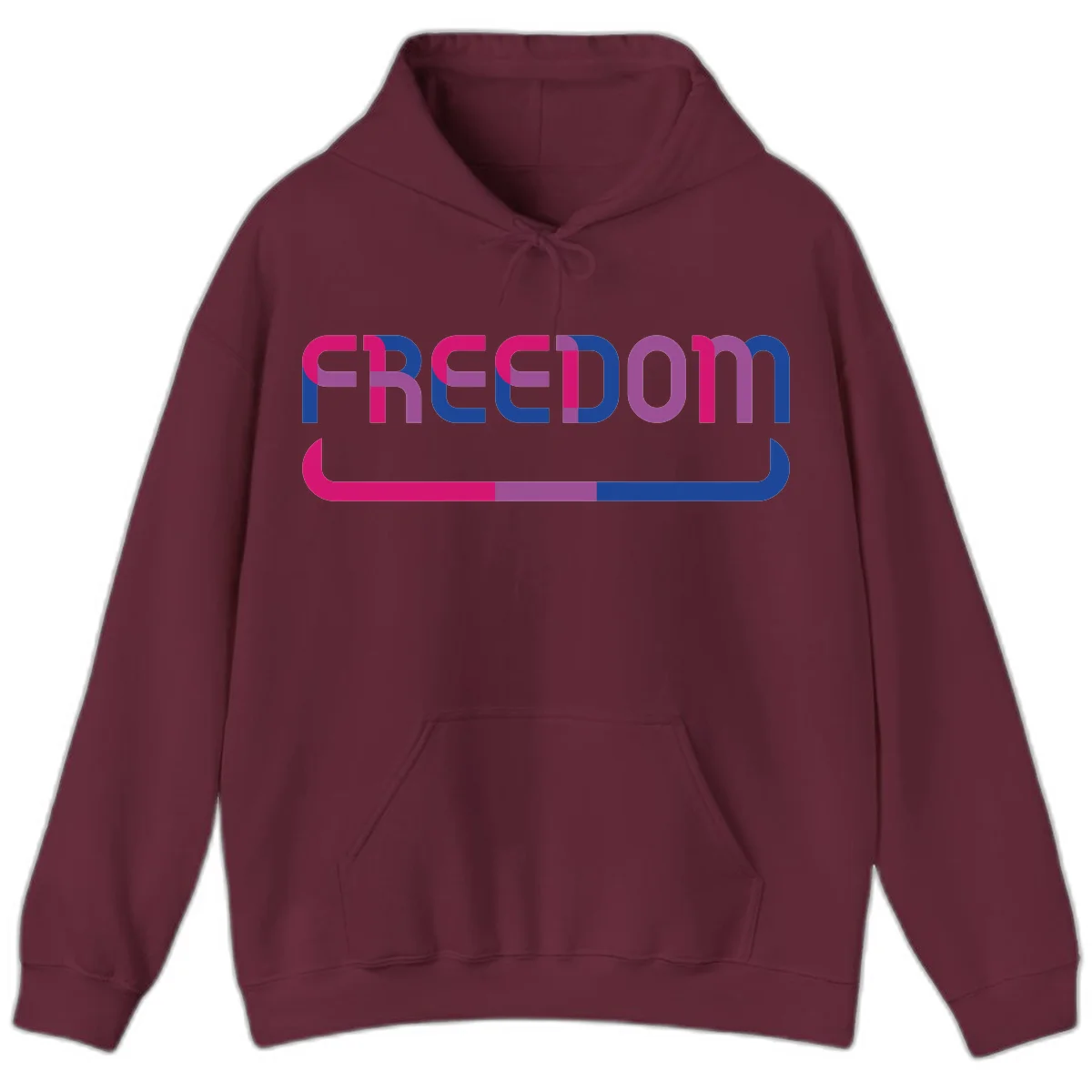 Freedom On Pride design: Bold magenta and purple 'FREEDOM' text with curved gradient underline transitioning from pink through purple to blue in Maroon