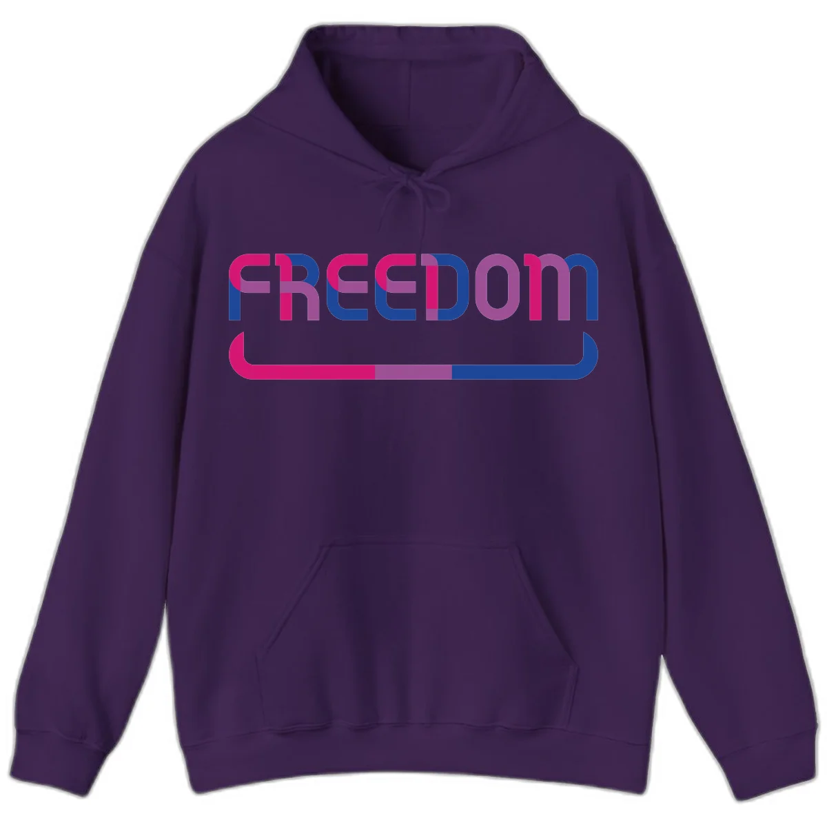 Freedom On Pride design: Bold magenta and purple 'FREEDOM' text with curved gradient underline transitioning from pink through purple to blue in Purple