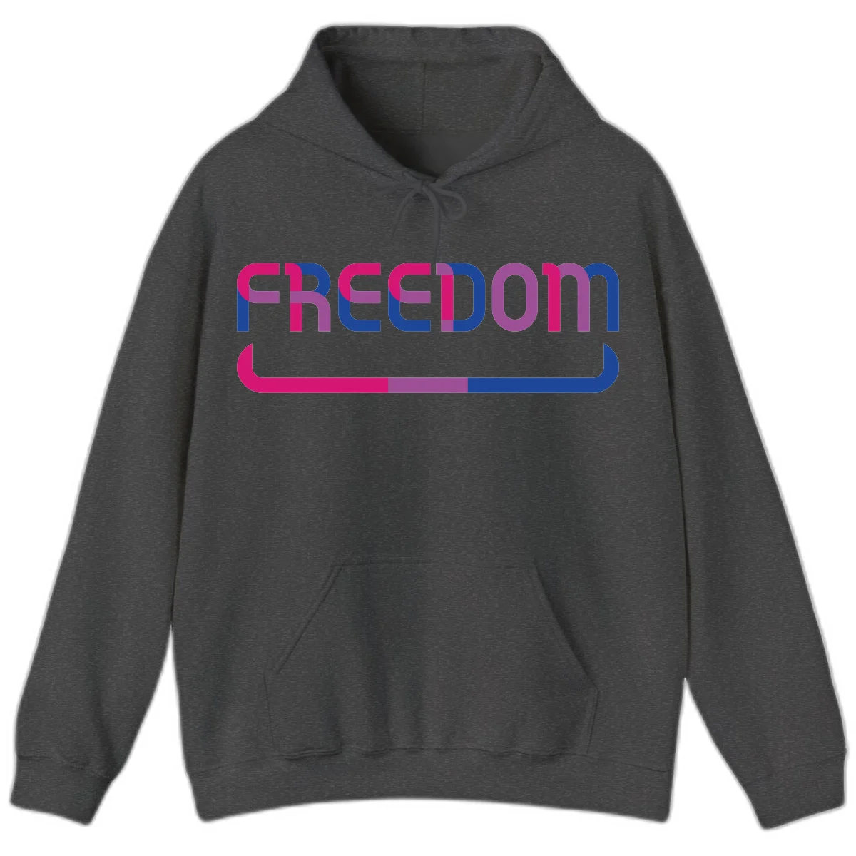 Freedom On Pride design: Bold magenta and purple 'FREEDOM' text with curved gradient underline transitioning from pink through purple to blue in Dark Heather
