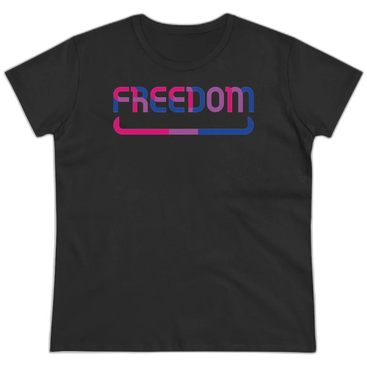 Freedom On Pride design: Bold magenta and purple 'FREEDOM' text with curved gradient underline transitioning from pink through purple to blue in Black
