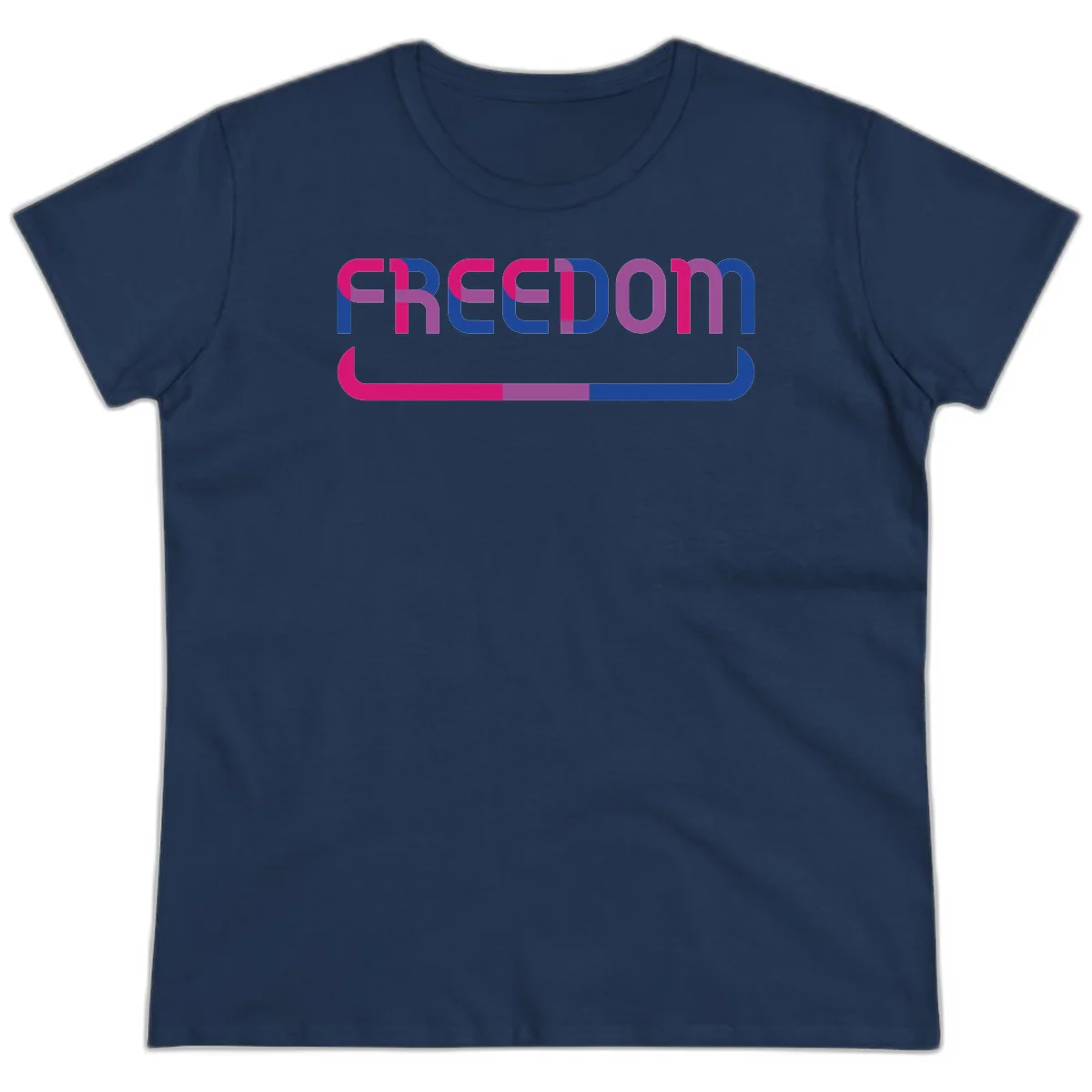 Freedom On Pride design: Bold magenta and purple 'FREEDOM' text with curved gradient underline transitioning from pink through purple to blue in Navy