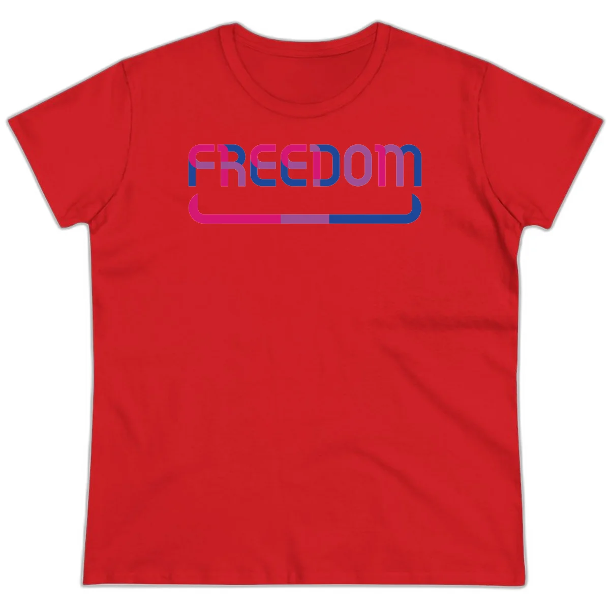 Freedom On Pride design: Bold magenta and purple 'FREEDOM' text with curved gradient underline transitioning from pink through purple to blue in Red