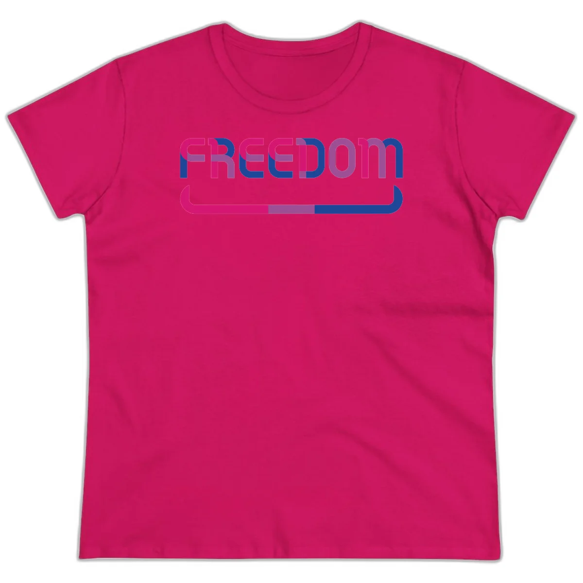 Freedom On Pride design: Bold magenta and purple 'FREEDOM' text with curved gradient underline transitioning from pink through purple to blue in Heliconia