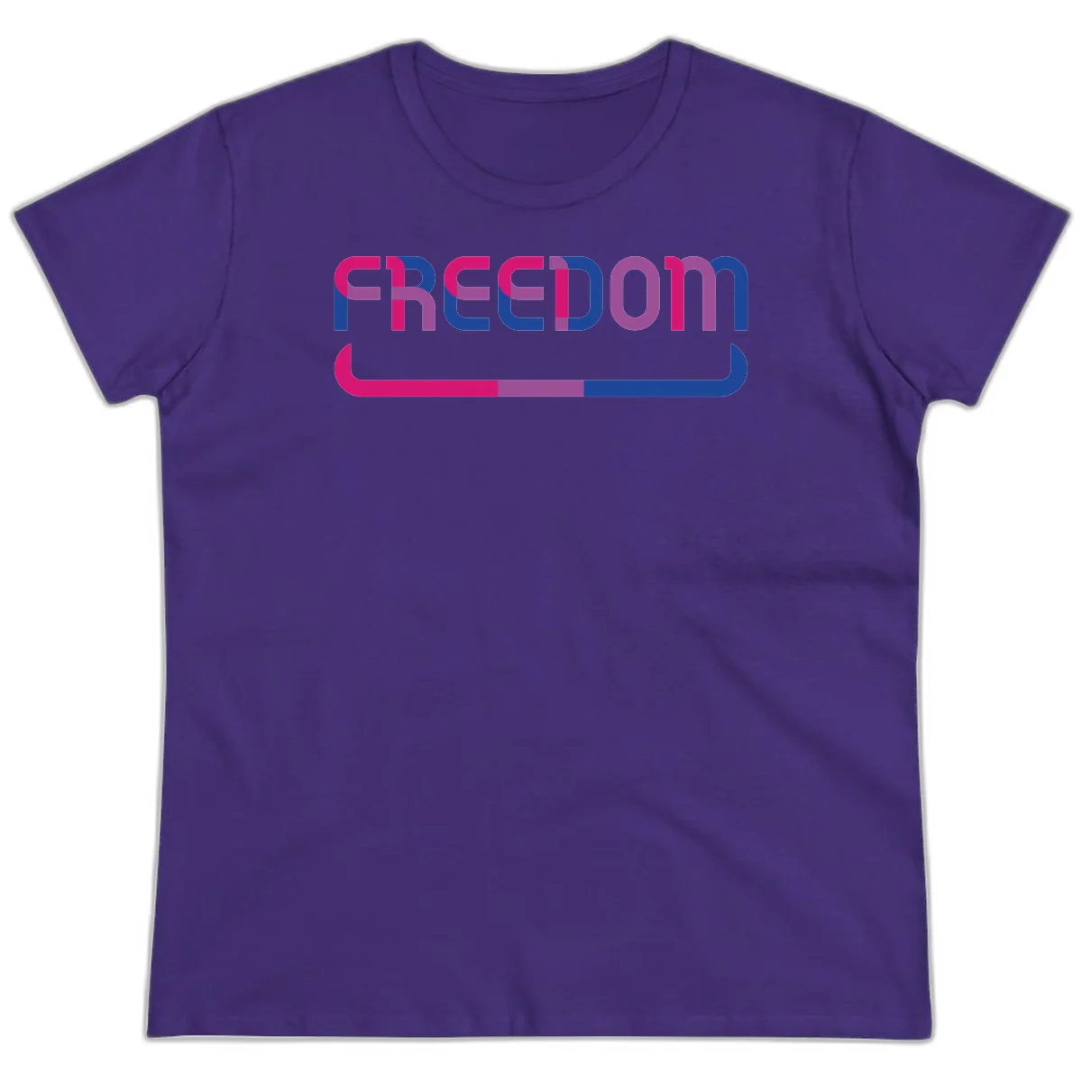Freedom On Pride design: Bold magenta and purple 'FREEDOM' text with curved gradient underline transitioning from pink through purple to blue in Purple