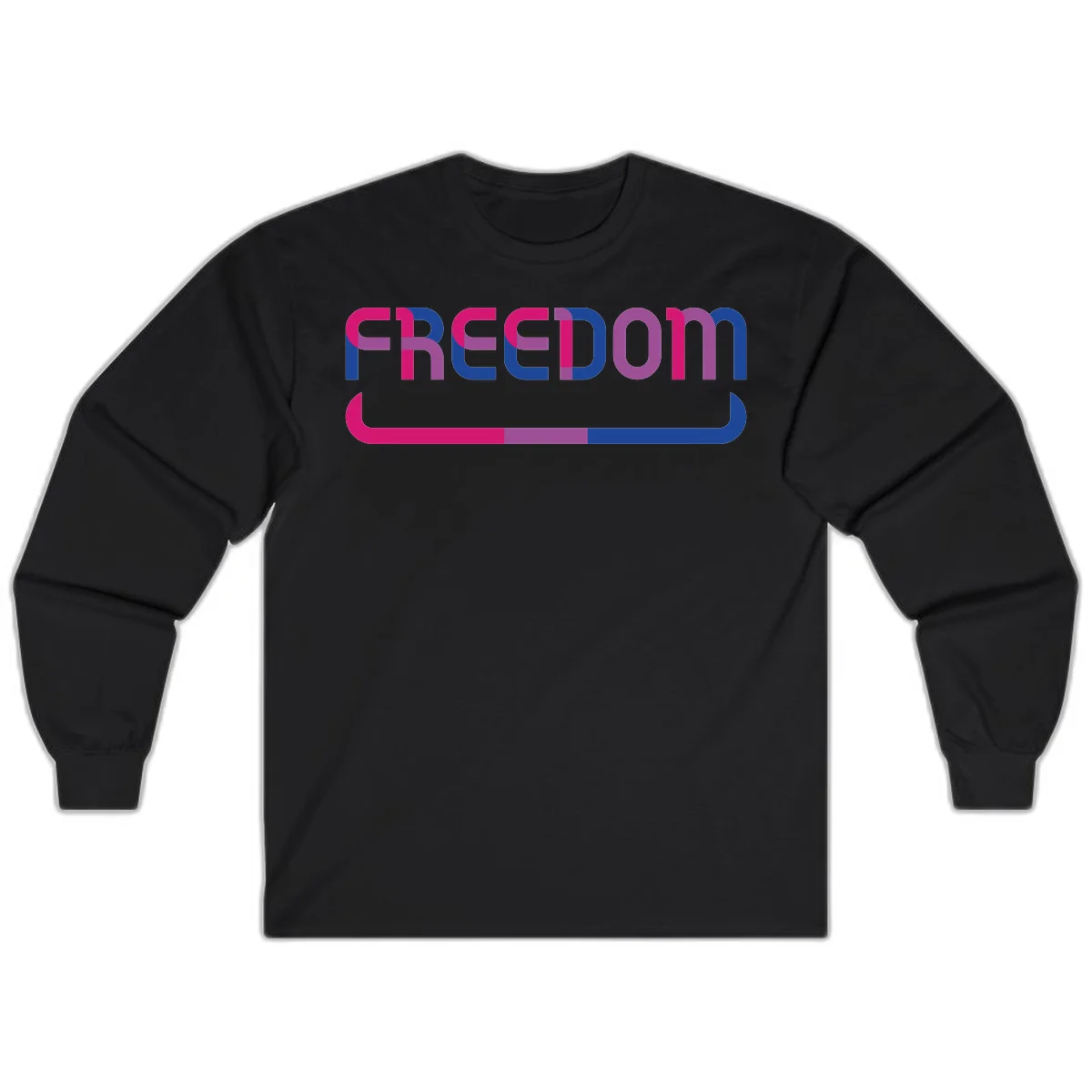 Freedom On Pride design: Bold magenta and purple 'FREEDOM' text with curved gradient underline transitioning from pink through purple to blue in Black