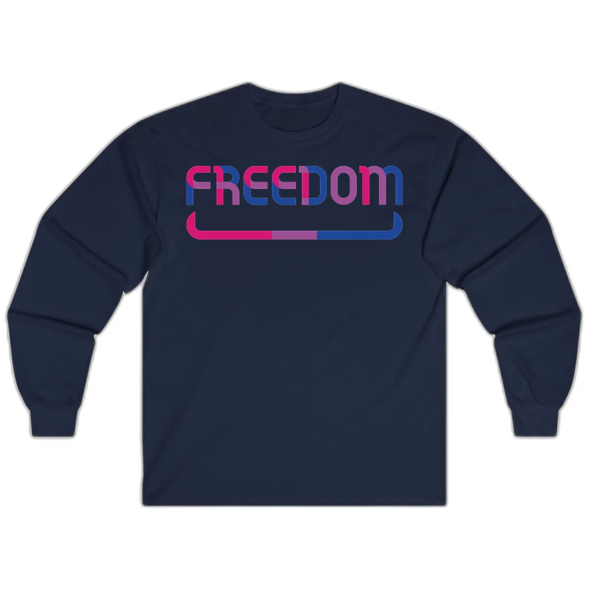 Freedom On Pride design: Bold magenta and purple 'FREEDOM' text with curved gradient underline transitioning from pink through purple to blue in Navy