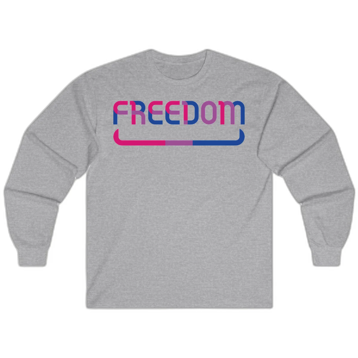 Freedom On Pride design: Bold magenta and purple 'FREEDOM' text with curved gradient underline transitioning from pink through purple to blue in Sport Grey