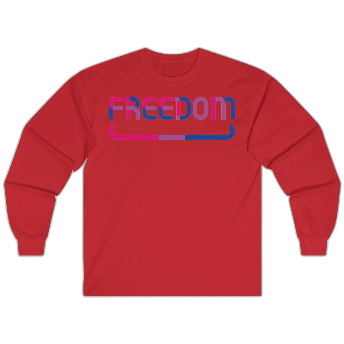 Freedom On Pride design: Bold magenta and purple 'FREEDOM' text with curved gradient underline transitioning from pink through purple to blue in Red