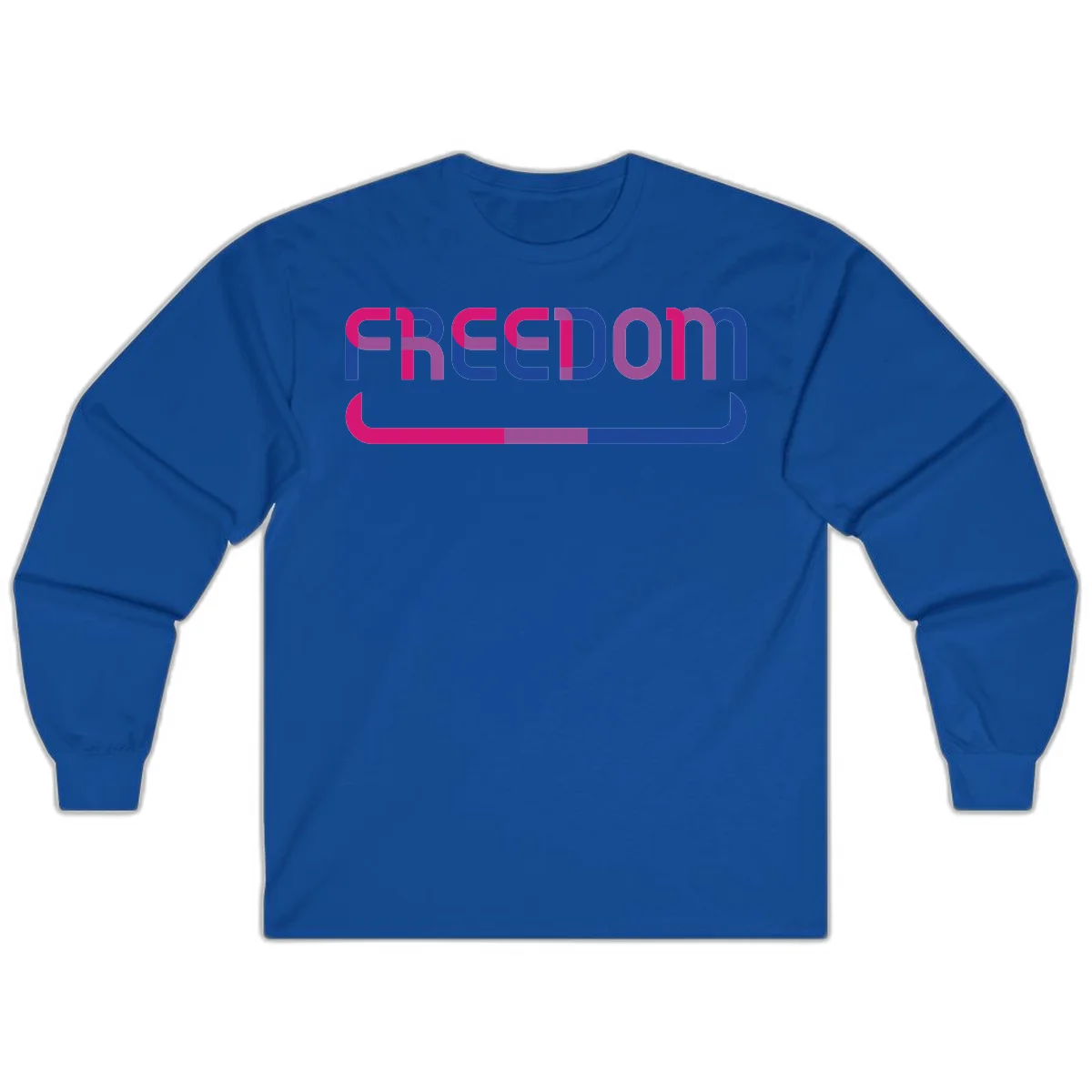 Freedom On Pride design: Bold magenta and purple 'FREEDOM' text with curved gradient underline transitioning from pink through purple to blue in Royal