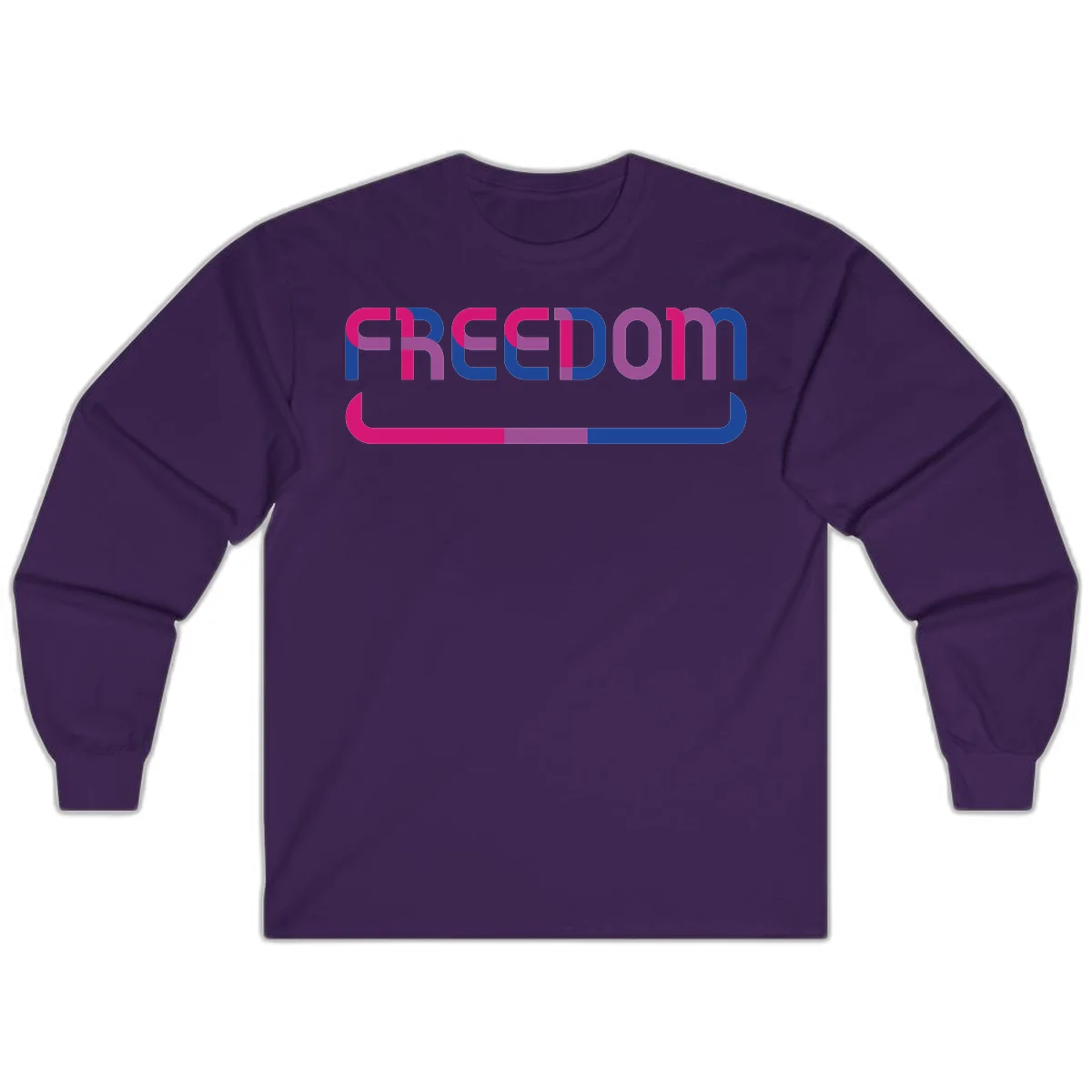 Freedom On Pride design: Bold magenta and purple 'FREEDOM' text with curved gradient underline transitioning from pink through purple to blue in Purple