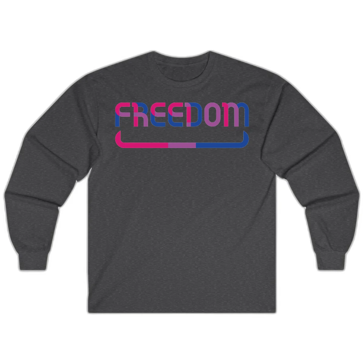 Freedom On Pride design: Bold magenta and purple 'FREEDOM' text with curved gradient underline transitioning from pink through purple to blue in Dark Heather