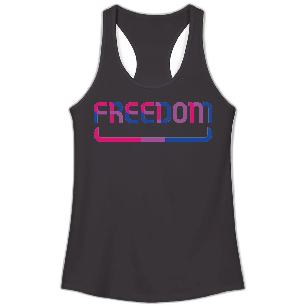 Freedom On Pride design: Bold magenta and purple 'FREEDOM' text with curved gradient underline transitioning from pink through purple to blue in Black