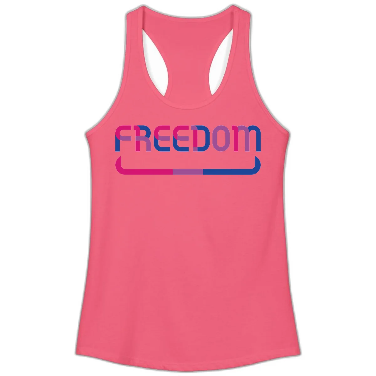 Freedom On Pride design: Bold magenta and purple 'FREEDOM' text with curved gradient underline transitioning from pink through purple to blue in Hot Pink
