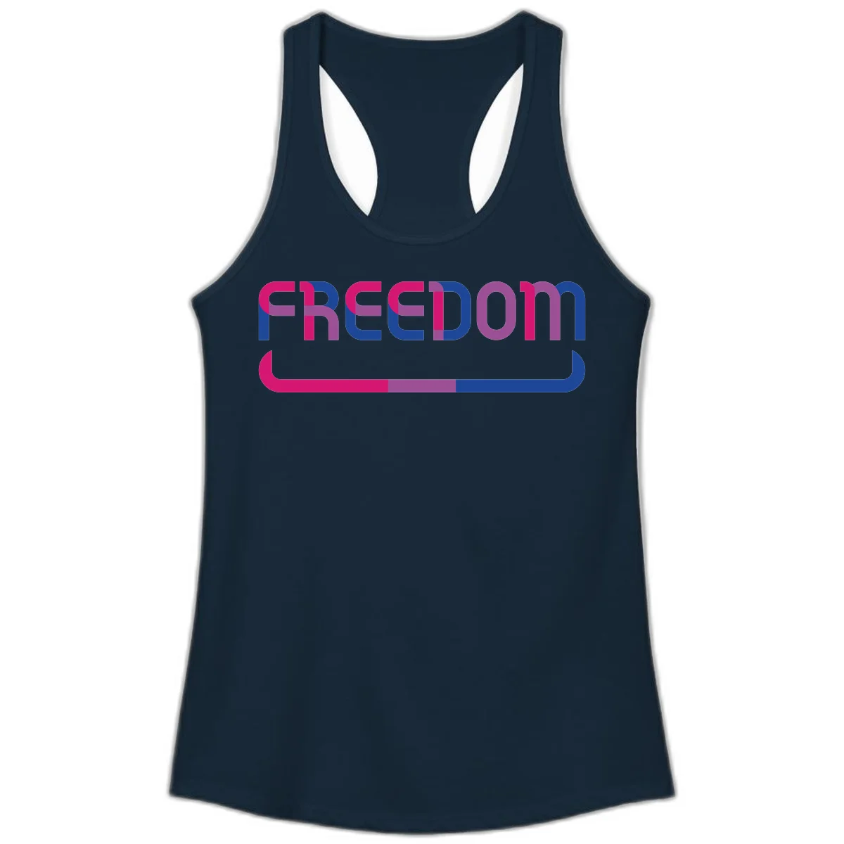 Freedom On Pride design: Bold magenta and purple 'FREEDOM' text with curved gradient underline transitioning from pink through purple to blue in Solid Midnight Navy