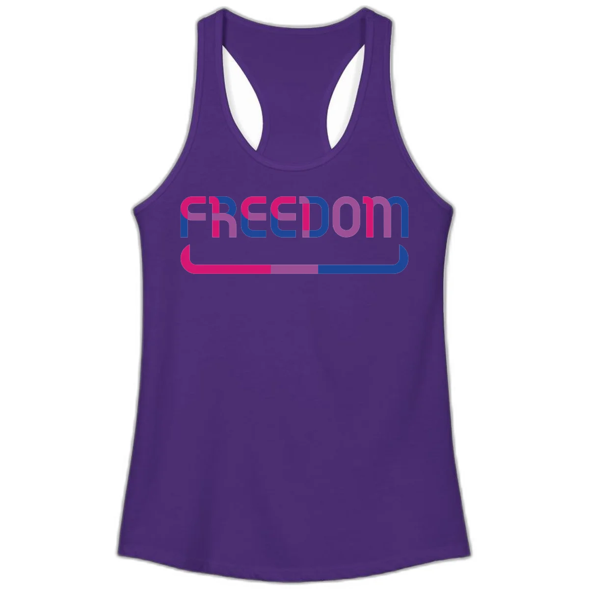 Freedom On Pride design: Bold magenta and purple 'FREEDOM' text with curved gradient underline transitioning from pink through purple to blue in Solid Purple Rush