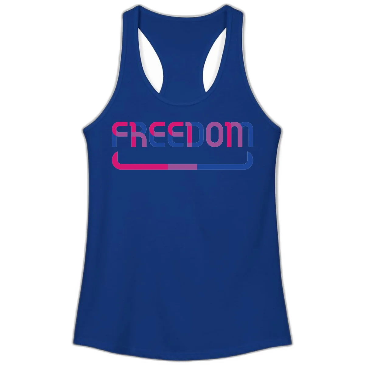 Freedom On Pride design: Bold magenta and purple 'FREEDOM' text with curved gradient underline transitioning from pink through purple to blue in Solid Royal