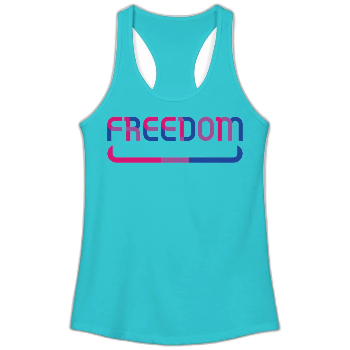 Freedom On Pride design: Bold magenta and purple 'FREEDOM' text with curved gradient underline transitioning from pink through purple to blue in Solid Tahiti Blue