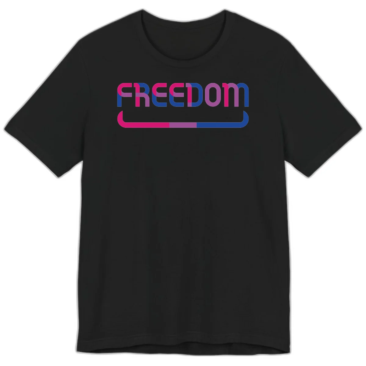 Freedom On Pride design: Bold magenta and purple 'FREEDOM' text with curved gradient underline transitioning from pink through purple to blue in Black