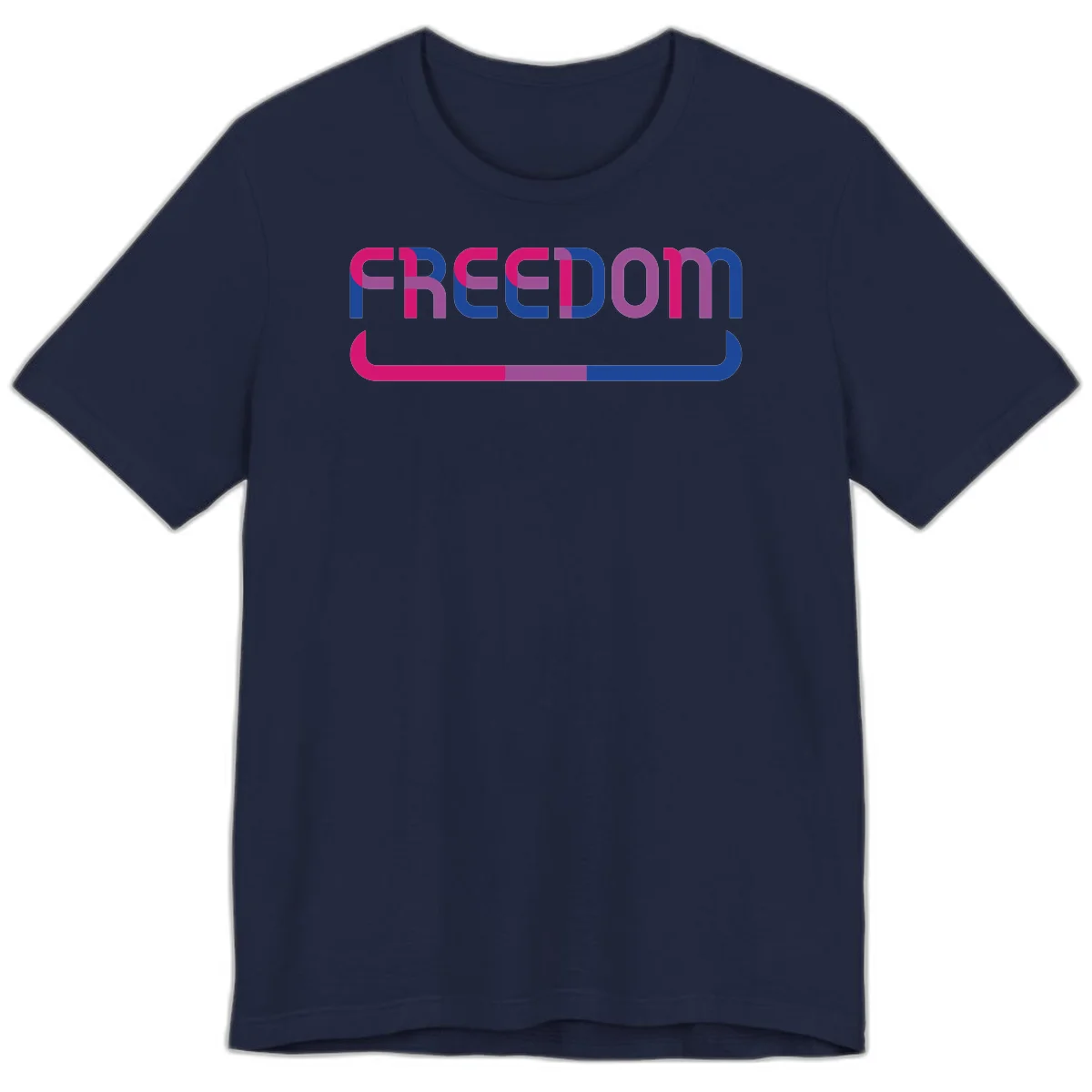 Freedom On Pride design: Bold magenta and purple 'FREEDOM' text with curved gradient underline transitioning from pink through purple to blue in Navy