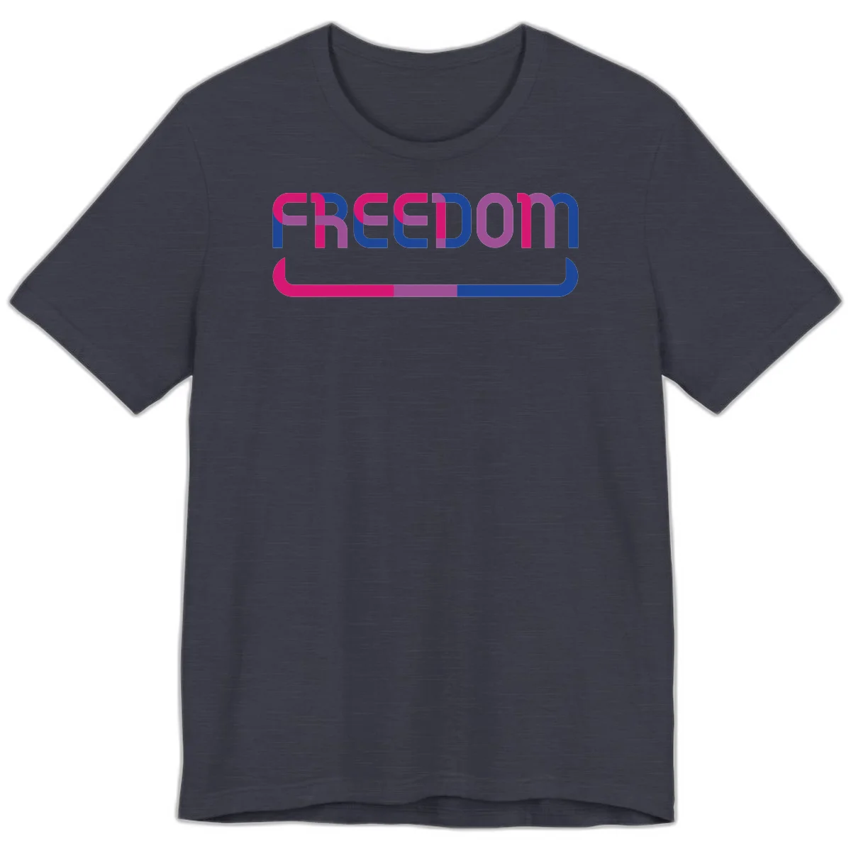 Freedom On Pride design: Bold magenta and purple 'FREEDOM' text with curved gradient underline transitioning from pink through purple to blue in Heather Midnight Navy
