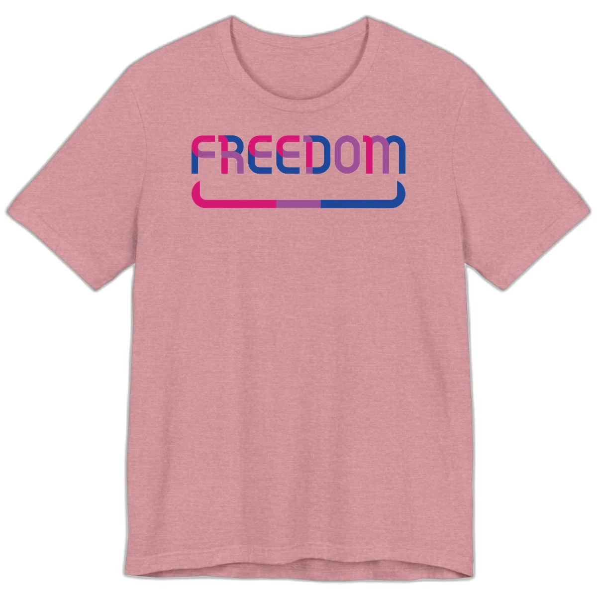 Freedom On Pride design: Bold magenta and purple 'FREEDOM' text with curved gradient underline transitioning from pink through purple to blue in Heather Orchid