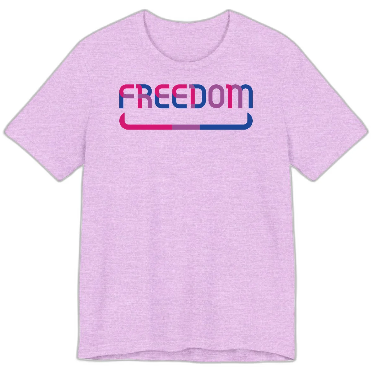 Freedom On Pride design: Bold magenta and purple 'FREEDOM' text with curved gradient underline transitioning from pink through purple to blue in Heather Prism Lilac