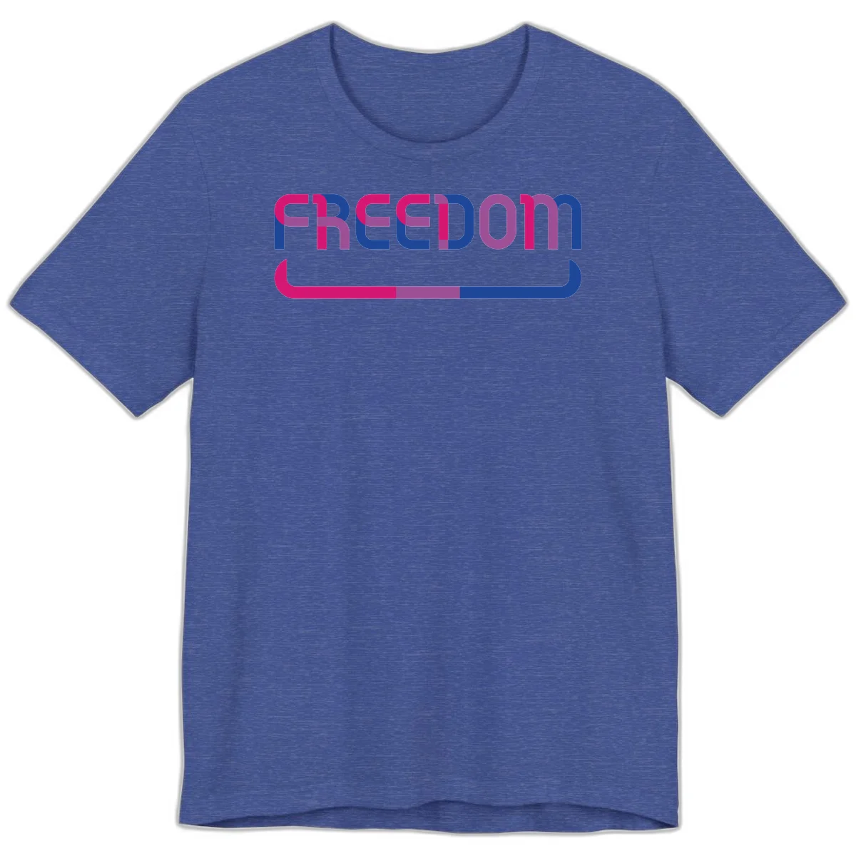 Freedom On Pride design: Bold magenta and purple 'FREEDOM' text with curved gradient underline transitioning from pink through purple to blue in Heather True Royal