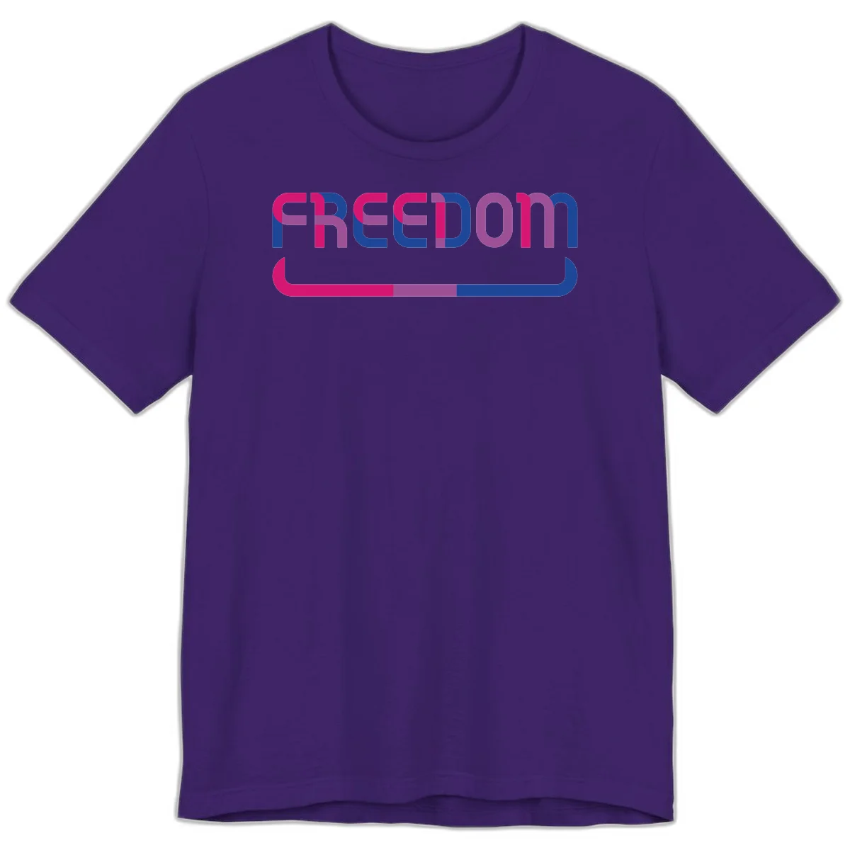 Freedom On Pride design: Bold magenta and purple 'FREEDOM' text with curved gradient underline transitioning from pink through purple to blue in Team Purple