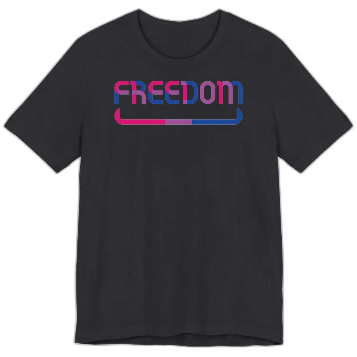 Freedom On Pride design: Bold magenta and purple 'FREEDOM' text with curved gradient underline transitioning from pink through purple to blue in Vintage Black