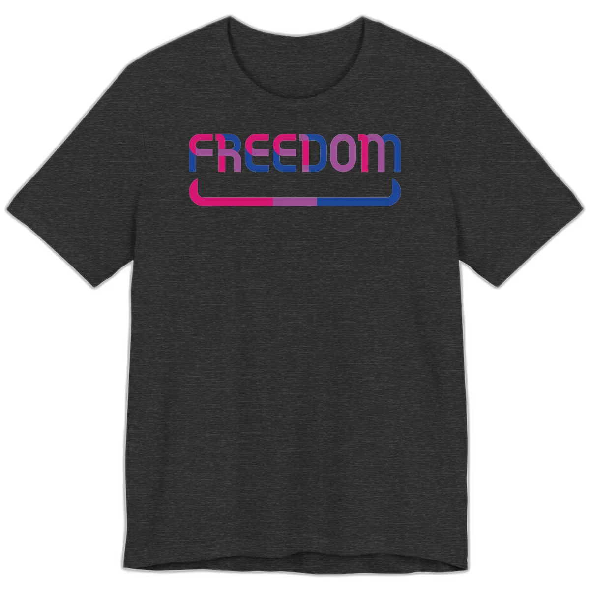 Freedom On Pride design: Bold magenta and purple 'FREEDOM' text with curved gradient underline transitioning from pink through purple to blue in Dark Grey Heather