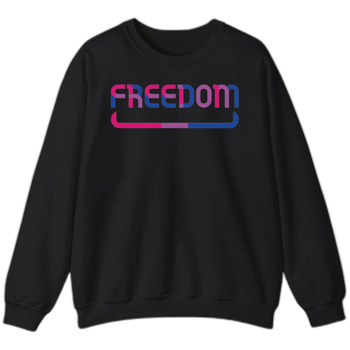 Freedom On Pride design: Bold magenta and purple 'FREEDOM' text with curved gradient underline transitioning from pink through purple to blue in Black