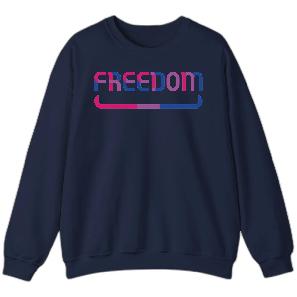 Freedom On Pride design: Bold magenta and purple 'FREEDOM' text with curved gradient underline transitioning from pink through purple to blue in Navy