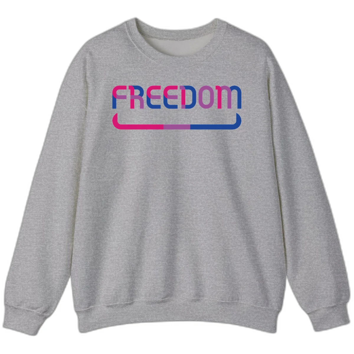 Freedom On Pride design: Bold magenta and purple 'FREEDOM' text with curved gradient underline transitioning from pink through purple to blue in Sport Grey