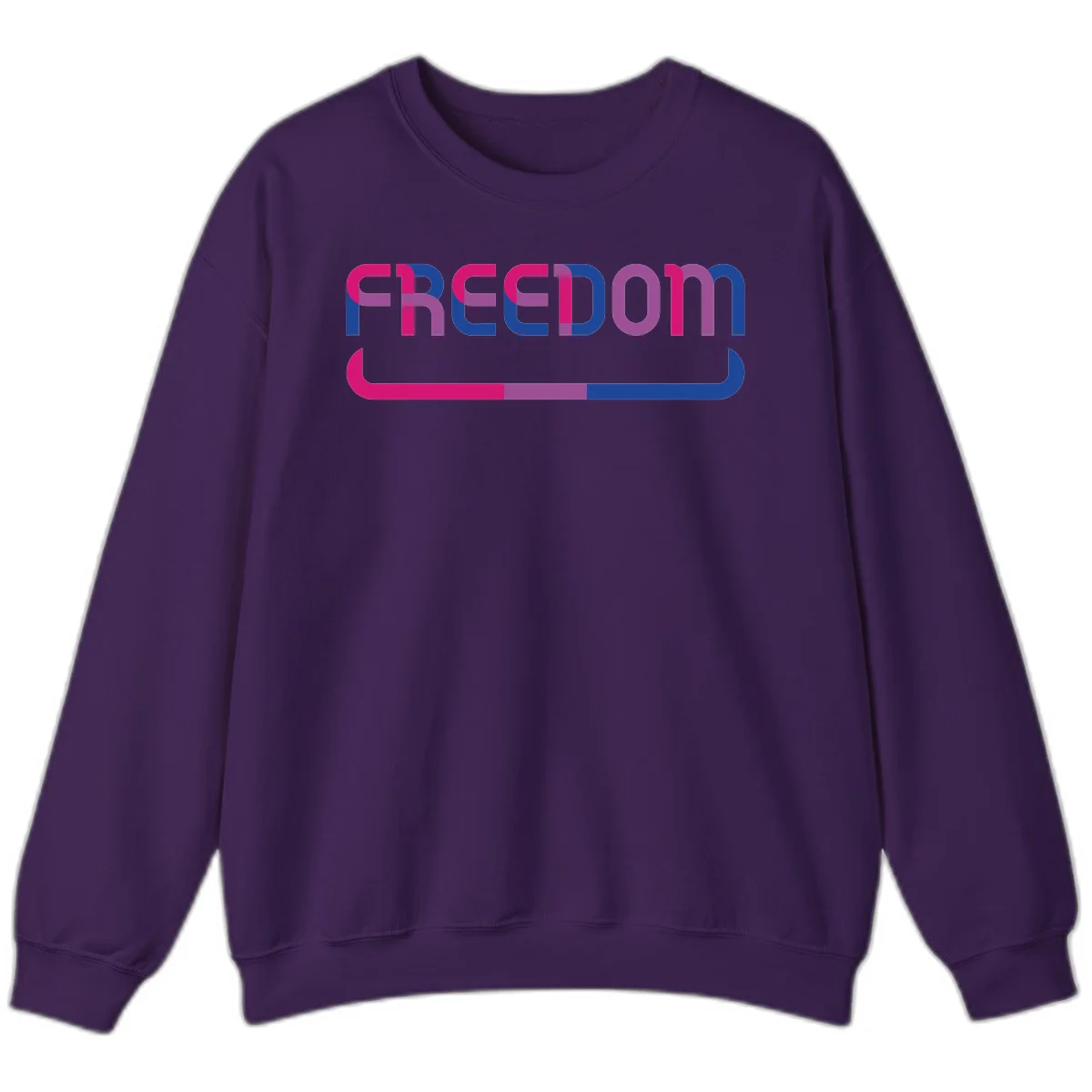 Freedom On Pride design: Bold magenta and purple 'FREEDOM' text with curved gradient underline transitioning from pink through purple to blue in Purple